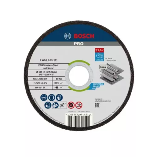 Bosch PRO Stainless Steel and Metal kötőanyaggal készült vágótárcsa, 125 x 1 x 22,23 mm, egyenes