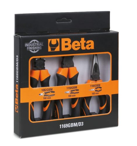 BETA 1169GBM/D3 1 kombinált fogó, 1 hosszú félkerekcsőrű fogó, 1 oldalcsípőfogó, kétkomponensű markolat, ipari kivitel (BETA 1169GBM/D3)