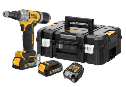 DEWALT 18V XR szénkefe nélküli 6.3 mm-es szegecshúzó, 2x1.7Ah Gumírozott POWERSTACK akku, TSTAK kofferben