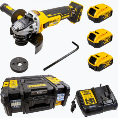 DEWALT 18V XR Kefementes Sarokcsiszoló 3x 5.0 Ah Akkumulátorral és Töltővel TSTAK Kofferben